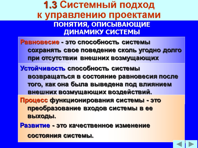 78 1.3 Системный подход  к управлению проектами Равновесие - это способность системы сохранять